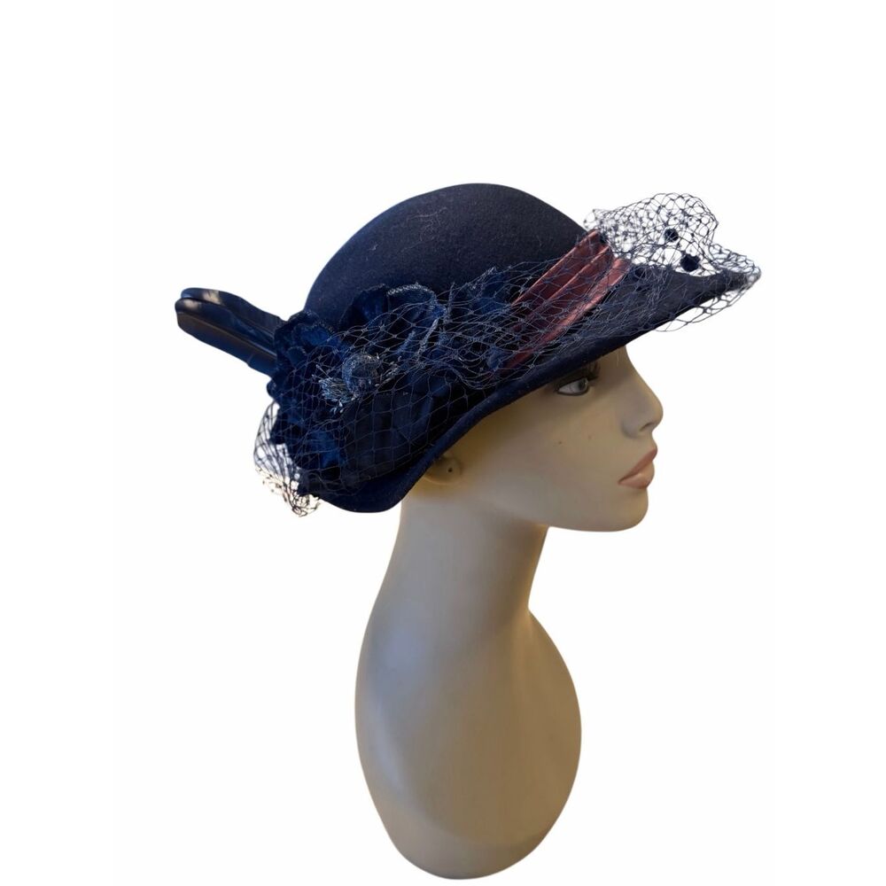 Michael Howard Vintage Blue Wool Hat with Feather & Netting sz 7M